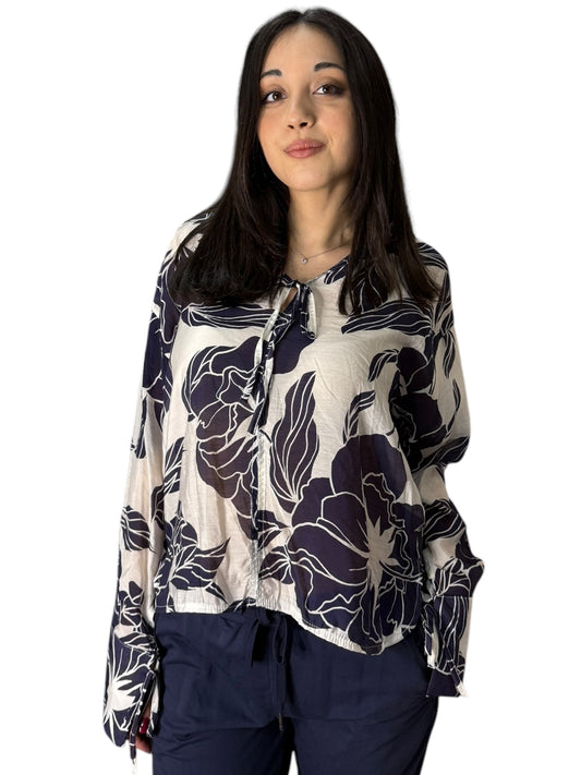 Blusa effetto lino con stampa floreale a contrasto