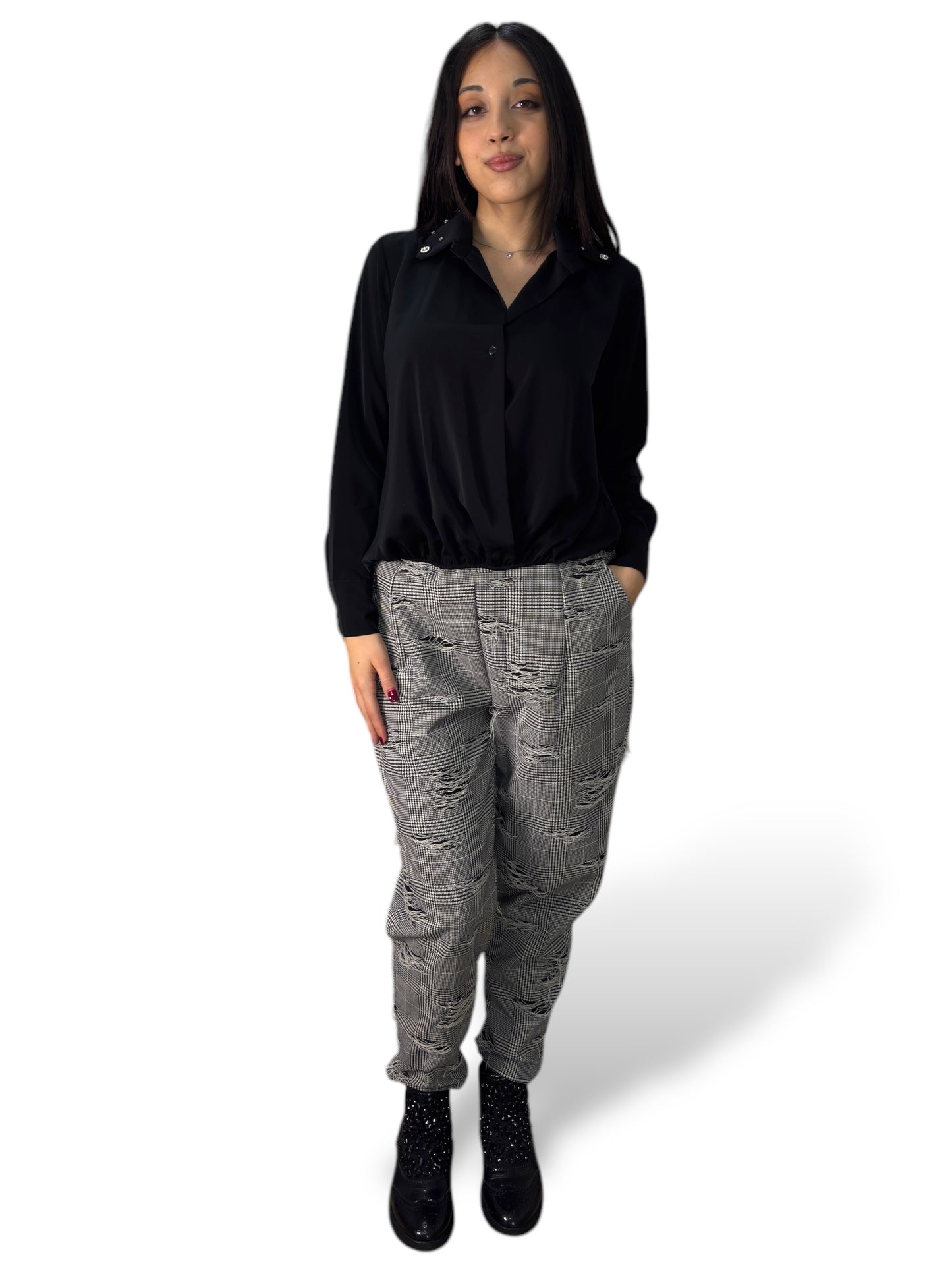 Pantaloni slim fit con motivo Principe di Galles effetto distressed