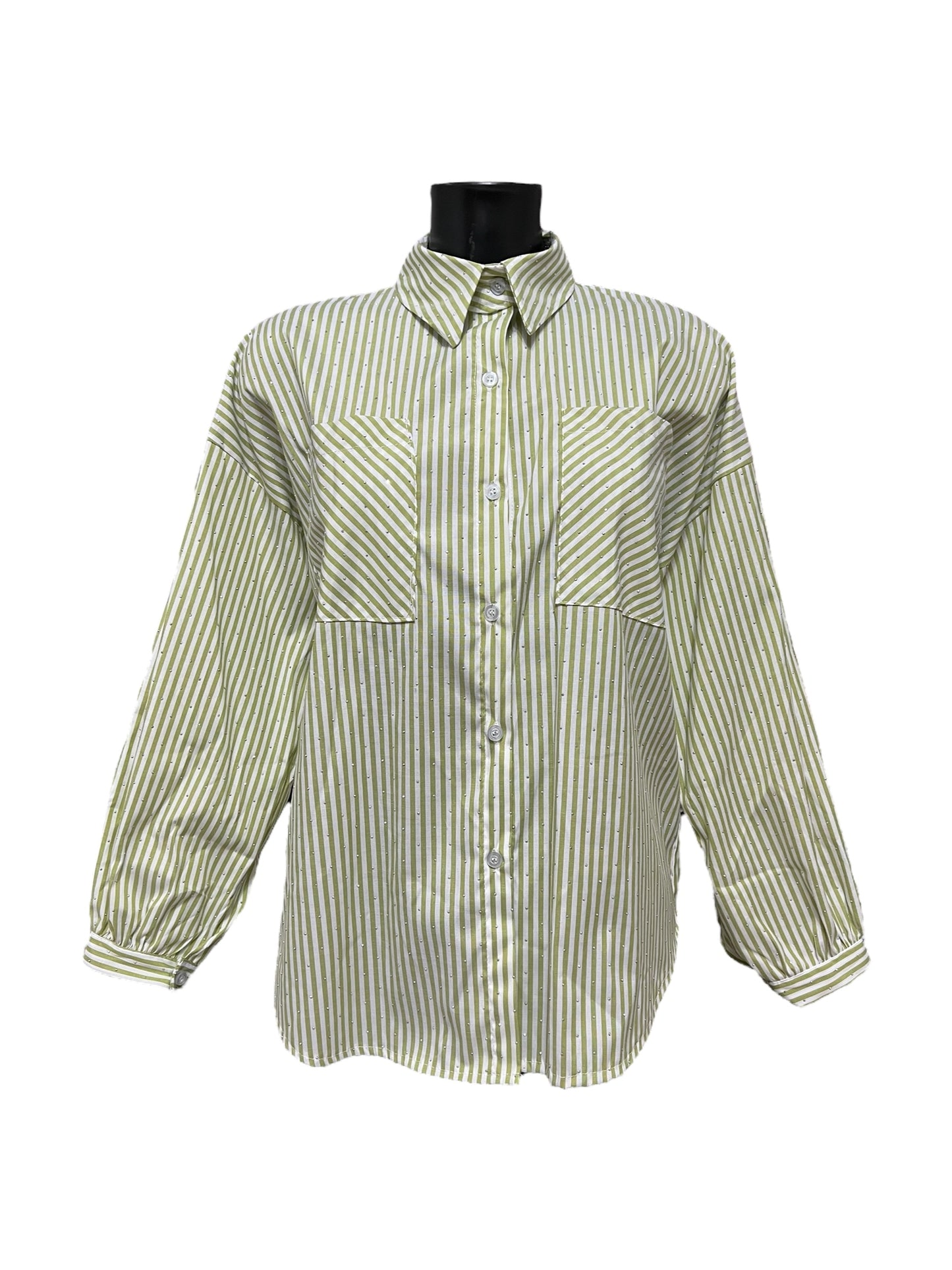 Camicia a righe con strass e tasche sul petto