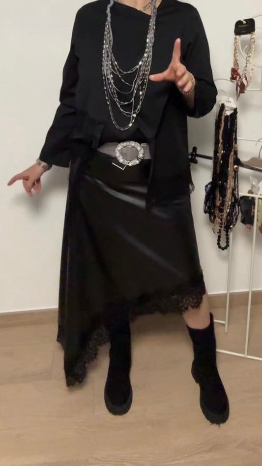 Gonna in simil pelle e pizzo